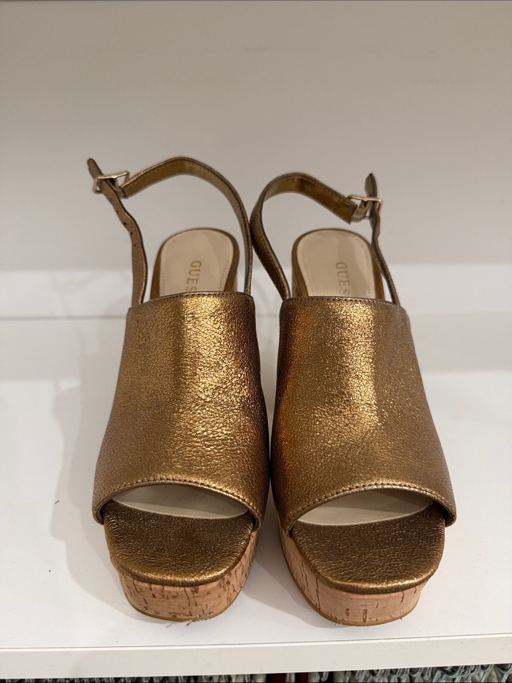 GUESS Metallic Bronze Open-Toe Cork Wedge Sandals